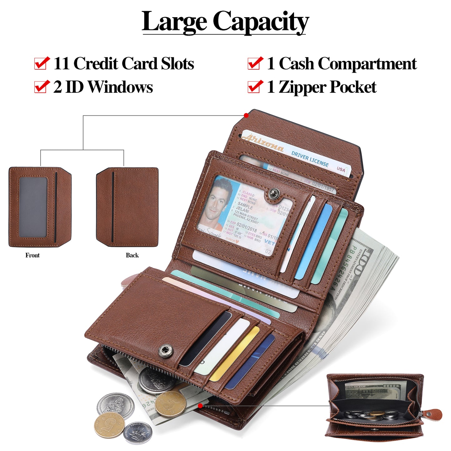 GAEKEAO Mens Wallets RFID Blocking - Genuine Leather Wallets for Men, Bifold RFID Wallet for Men with Zipper Coin Pocket, Stylish Black Wallet with 2 ID Window in Gift Box, Cartera de Hombre