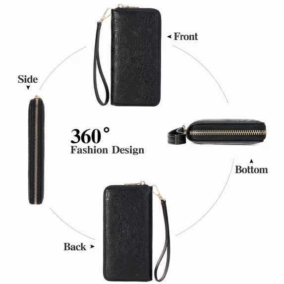 GAEKEAO Womens Wallet RFID Blocking Leather Wristlet Purse Large Capacity Card Holder Long Ladies Wallet Zip Around Clutch