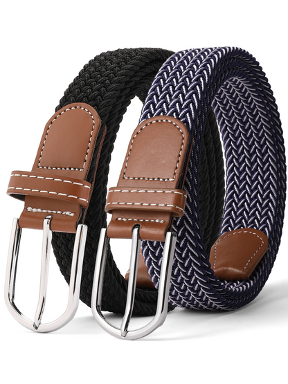 GAEKEAO Belt for Men 2 Pack Elastic Braided 1 3/8" Stretch Men Belts for Casual Pants and Jeans,Gift Box