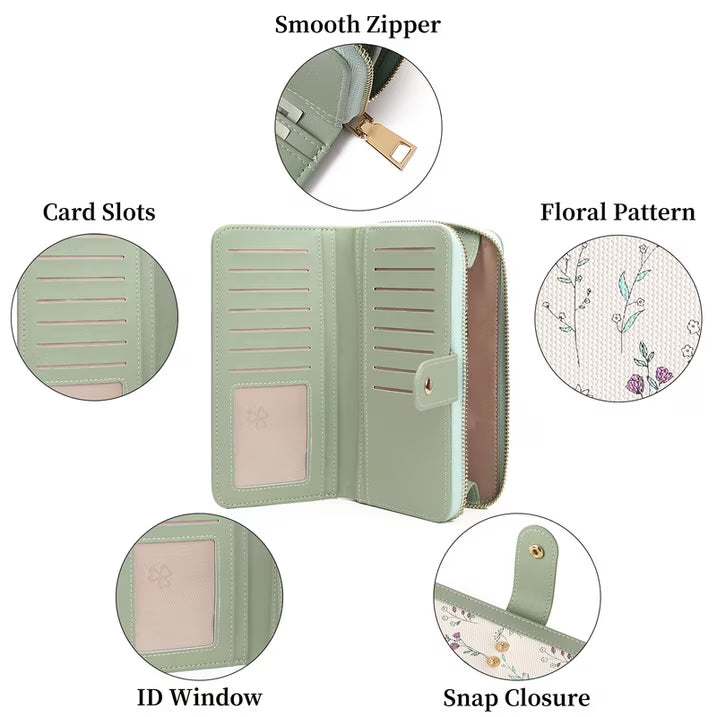 GAEKEAO Women's wallet Large Leather Purse RFID Card Holder with 14 card slots and zip large compartment