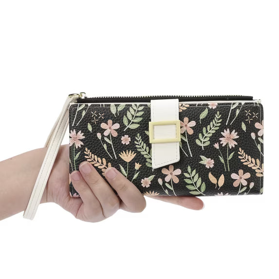 GAEKEAO Womens Wallet RFID Blocking Slim Thin Bifold Card Holder Vegan Leather Floral Long Clutch Wallets with Wristlet