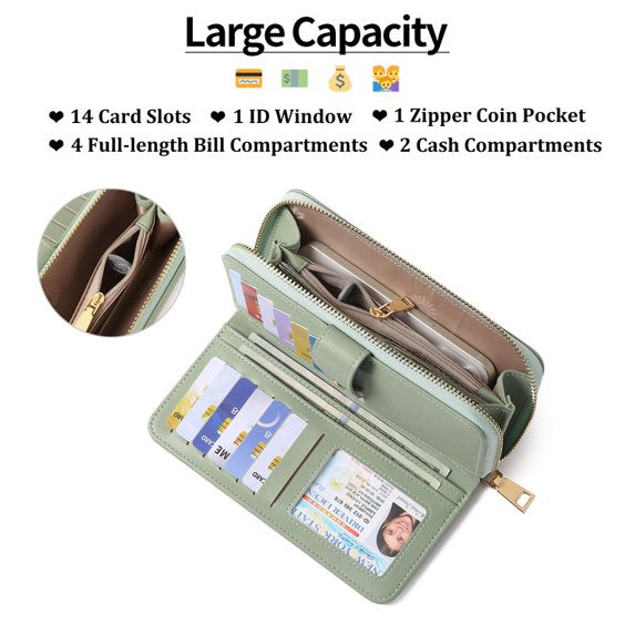 GAEKEAO Women's wallet Large Leather Purse RFID Card Holder with 14 card slots and zip large compartment