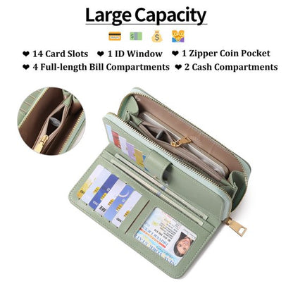 GAEKEAO Women's wallet Large Leather Purse RFID Card Holder with 14 card slots and zip large compartment