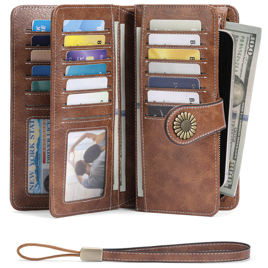 GAEKEAO Women's Leather Wallet with Wristlet RFID Blocking Large Capacity Trifold Card Holder Wallet
