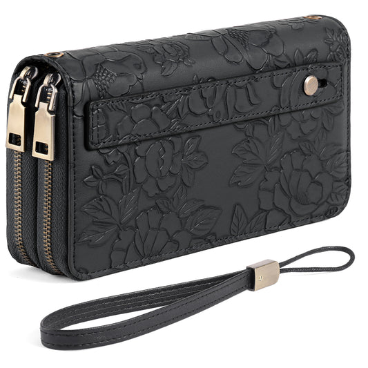 GAEKEAO Wallet for Women Floral RFID Blocking Leather Wristlet Purse Large Capacity Credit Card Holder with Grip Hand Strap
