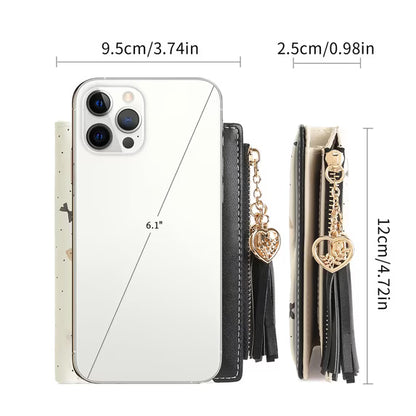 GAEKEAO Small Womens Wallet RFID Blocking Bifold Card Holder Tassel Vegan Leather Wallets Cute Pattern with Zipper Pocket