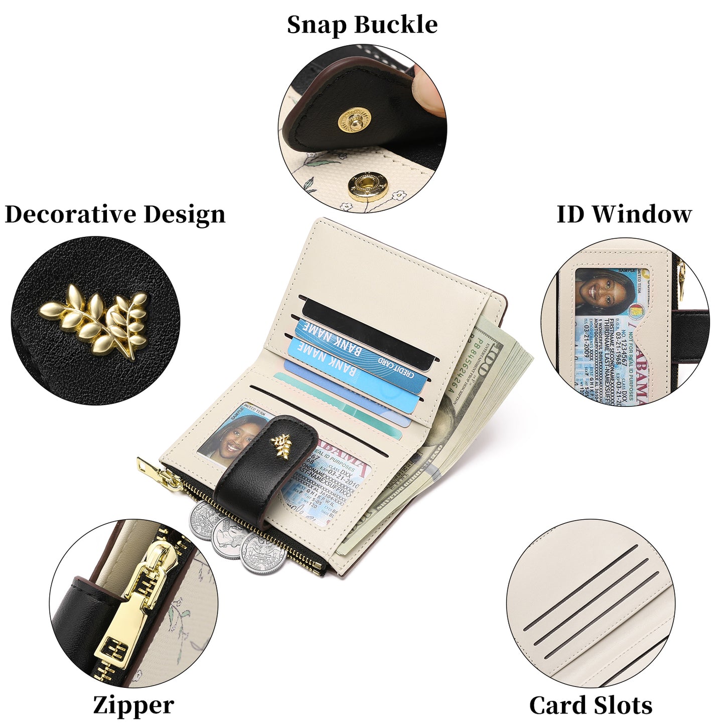 GAEKEAO Small Wallet for Women Slim Bifold Leather Credit Card Holder Purse Zipper Pocket Coin Wallets with ID Window