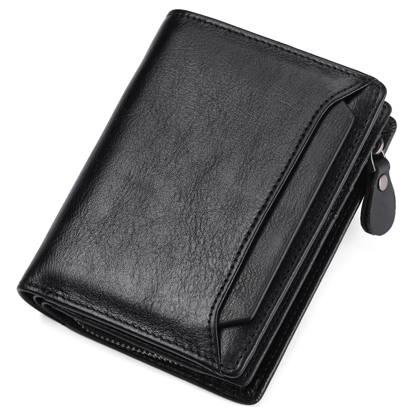 GAEKEAO Mens Wallets RFID Blocking - Genuine Leather Wallets for Men, Bifold RFID Wallet for Men with Zipper Coin Pocket, Stylish Black Wallet with 2 ID Window in Gift Box, Cartera de Hombre