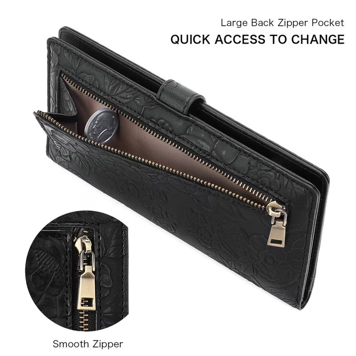 GAEKEAO Womens Wallet Slim Thin RFID Blocking Ladies Card Holder Floral Vegan Leather Long Bifold Clutch with Zipper Pocket