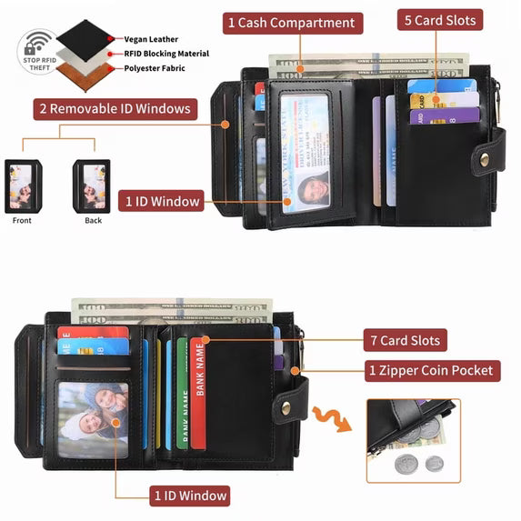 GAEKEAO Wallet for Women RFID Blocking Vegan Leather Bifold Card Holder Compact Zipper Pocket Wallets with 4 ID Windows