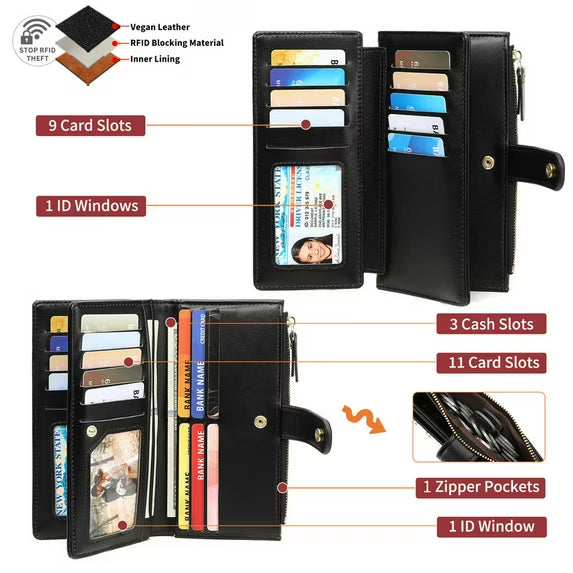 GAEKEAO Womens Wallet RFID Blocking Trifold Large Capacity Ladies Wallets Leather Floral Card Holder Multi Card Organizer