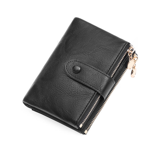 GAEKEAO Women's Small Leather Wallet, RFID Blocking Bifold Card Case with Double Zipper Pockets & 2 ID Windows