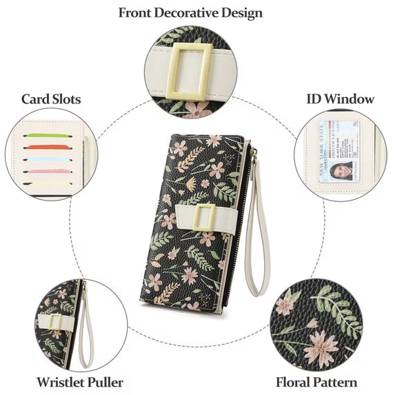 GAEKEAO Womens Wallet RFID Blocking Slim Thin Bifold Card Holder Vegan Leather Floral Long Clutch Wallets with Wristlet