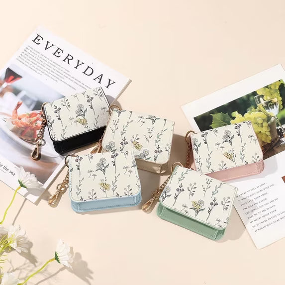 GAEKEAO Small Wallet for Women RFID Blocking Slim Keychian Wallet Floral Vegan Leather Card Holder with Zip Pocket ID Window
