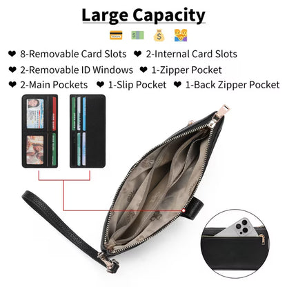 GAEKEAO Wristlet Wallets for Women Rfid Blocking Vegan Leather Card Phone Holder with 10 Card Slots 2 ID Window