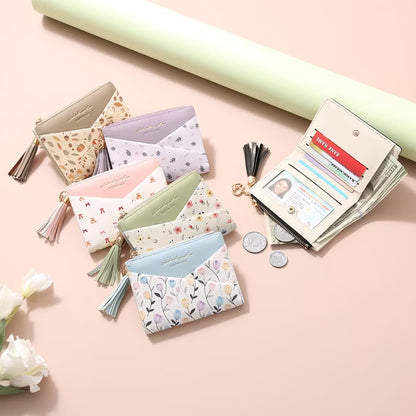 GAEKEAO Small Womens Wallet RFID Blocking Bifold Card Holder Tassel Vegan Leather Wallets Cute Pattern with Zipper Pocket