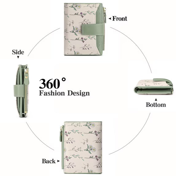 GAEKEAO Women's Bifold Wallet Rfid Blocking Vegan Leather Floral Card Holder with Zipper Pocket and ID Window
