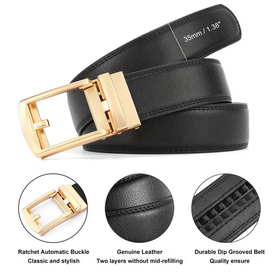 GAEKEAO Ratchet Belt for Men Genuine Leather 1 3/8" - Micro-Adjust Buckle Trim to Fit Dress Belt Casual to Formal Gift Boxed