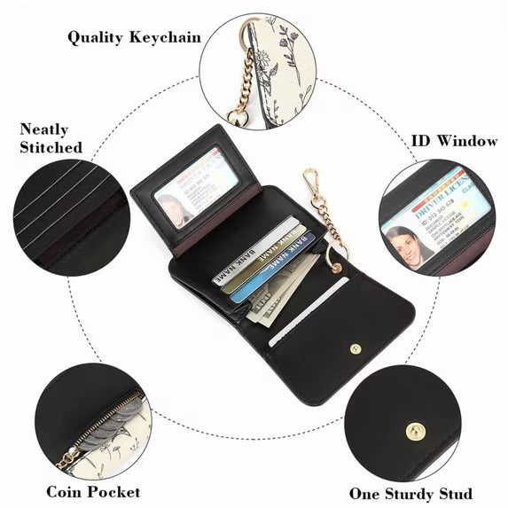 GAEKEAO Small Wallet for Women RFID Blocking Slim Keychian Wallet Floral Vegan Leather Card Holder with Zip Pocket ID Window