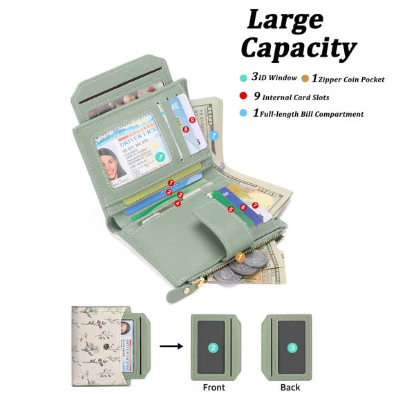 GAEKEAO Women's Bifold Wallet Rfid Blocking Vegan Leather Floral Card Holder with Zipper Pocket and ID Window