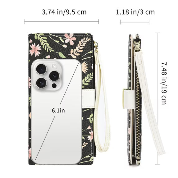 GAEKEAO Womens Wallet RFID Blocking Slim Thin Bifold Card Holder Vegan Leather Floral Long Clutch Wallets with Wristlet