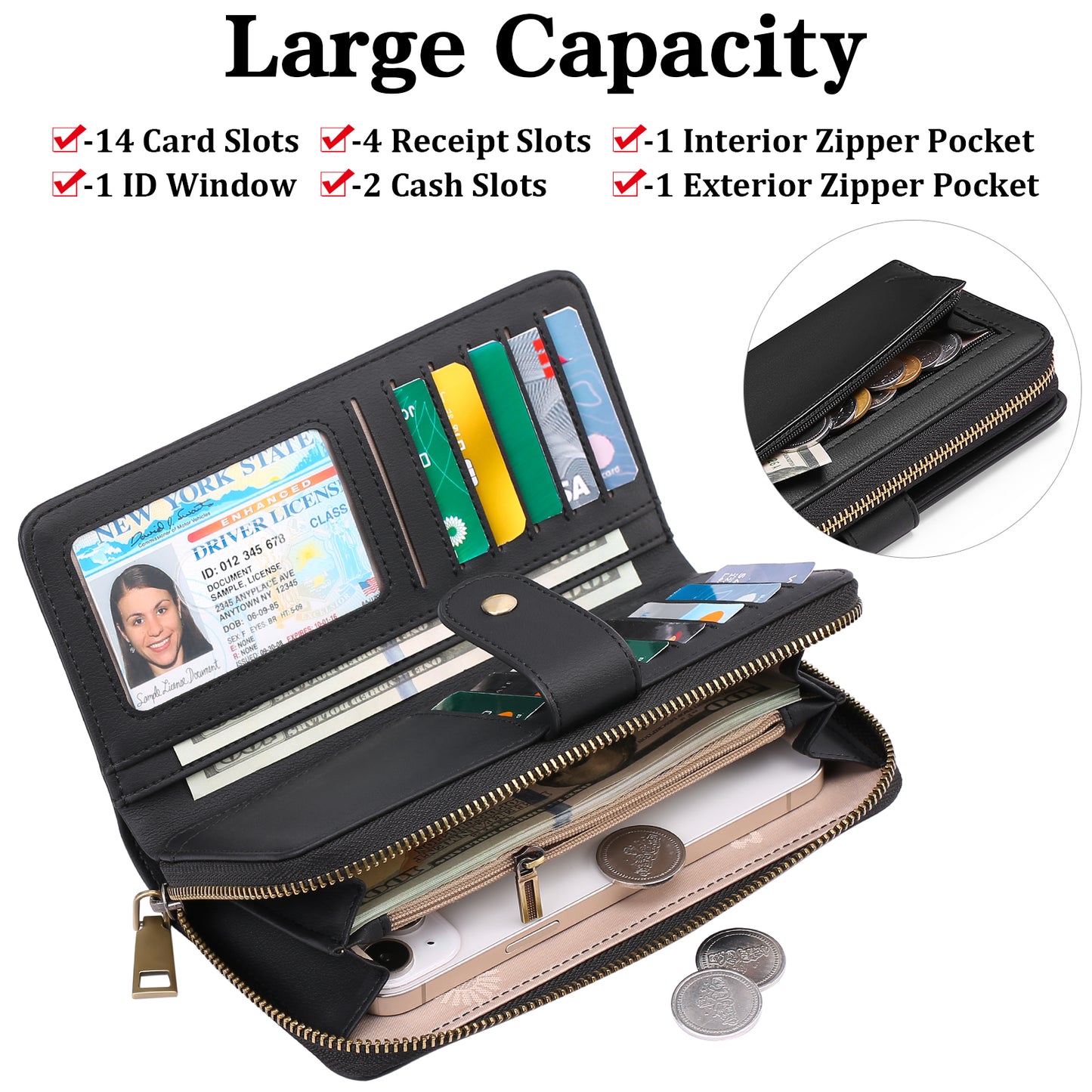 GAEKEAO Wallet for Women Clutch RFID Blocking Leather Wristlet Purse Large Capacity Credit Card Holder with Grip Hand Strap