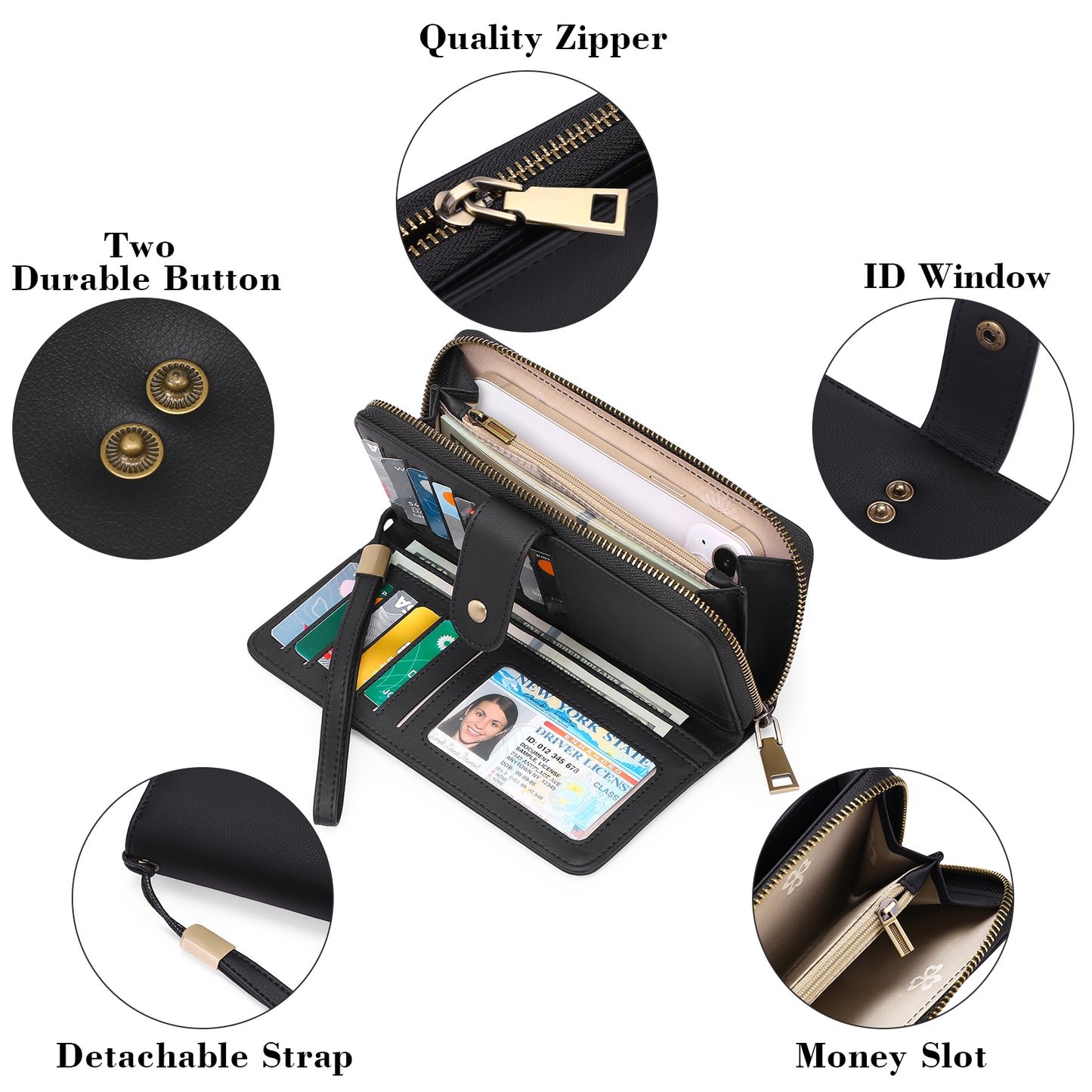GAEKEAO Wallet for Women Clutch RFID Blocking Leather Wristlet Purse Large Capacity Credit Card Holder with Grip Hand Strap