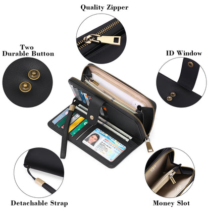 GAEKEAO Wallet for Women Clutch RFID Blocking Leather Wristlet Purse Large Capacity Credit Card Holder with Grip Hand Strap