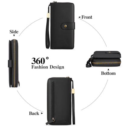 GAEKEAO Wallet for Women Clutch RFID Blocking Leather Wristlet Purse Large Capacity Credit Card Holder with Grip Hand Strap