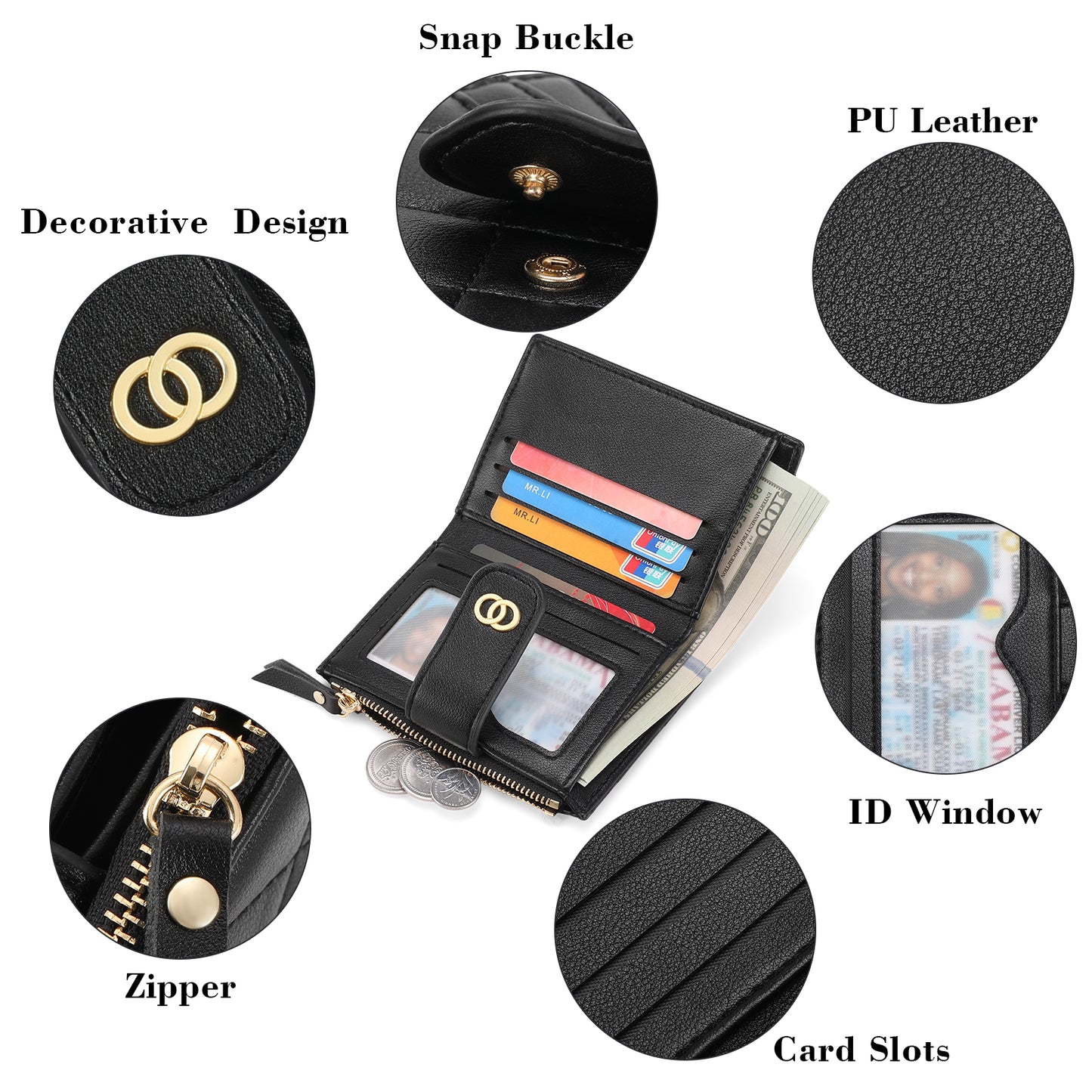 GAEKEAO Small Wallet for Women Slim Bifold Leather Credit Card Holder Wallets Zipper Pocket Coin Purse with ID Window