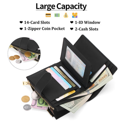 GAEKEAO Small Wallets for Women Leather RFID Blocking Bifold Zipper Pocket Wallet Card Case Purse with ID Window