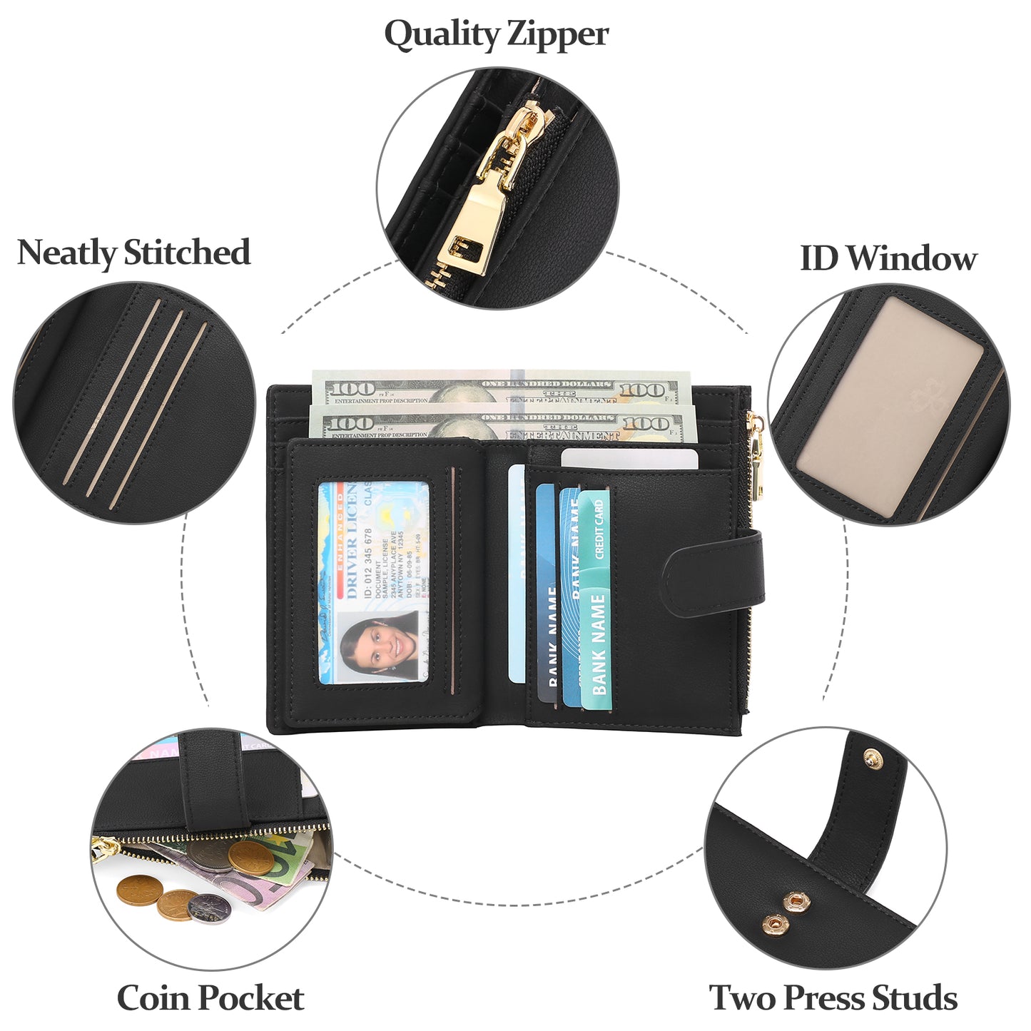 GAEKEAO Small Wallets for Women Leather RFID Blocking Bifold Zipper Pocket Wallet Card Case Purse with ID Window