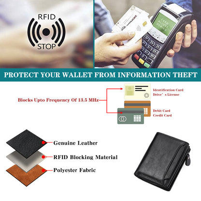 GAEKEAO Mens Wallets RFID Blocking - Genuine Leather Wallets for Men, Bifold RFID Wallet for Men with Zipper Coin Pocket, Stylish Black Wallet with 2 ID Window in Gift Box, Cartera de Hombre