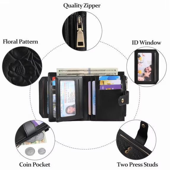 GAEKEAO Wallet for Women RFID Blocking Vegan Leather Bifold Card Holder Compact Zipper Pocket Wallets with 4 ID Windows