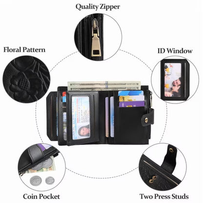 GAEKEAO Wallet for Women RFID Blocking Vegan Leather Bifold Card Holder Compact Zipper Pocket Wallets with 4 ID Windows