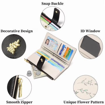 GAEKEAO Womens Wallet Slim Thin RFID Blocking Floral Vegan Leather Card Holder Bifold Long Ladies Wallet with Zipper Pocket