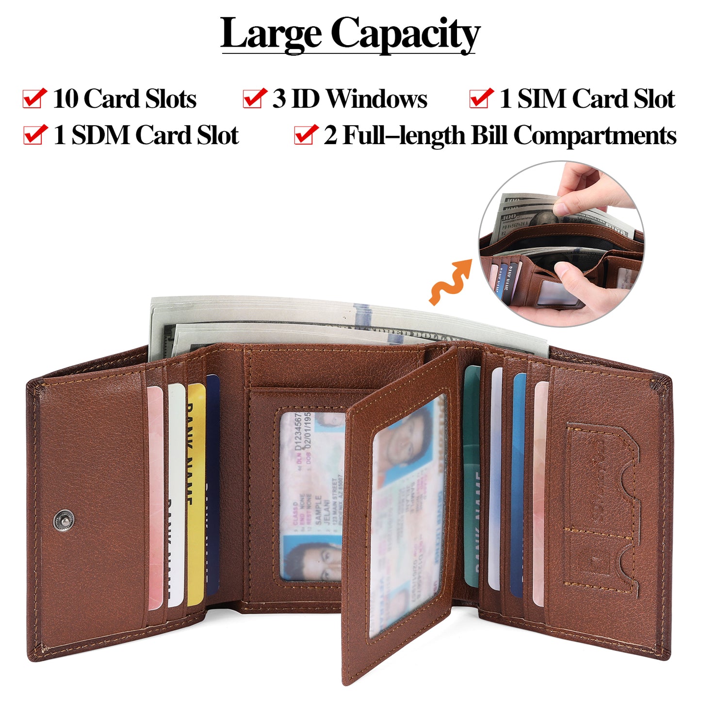 GAEKEAO Real Leather Trifold Wallet for Men with RFID Blocking Credit Card Holde Wallet 2 ID Compartment