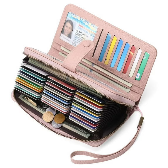 GAEKEAO Leather Credit Card Holder Wallet for Women RFID Blocking Large Capacity Bifold Zipper Card Case Organizer with Wristlet 45 Slots