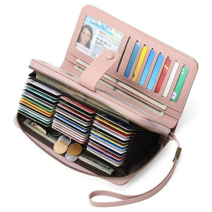 GAEKEAO Leather Credit Card Holder Wallet for Women RFID Blocking Large Capacity Bifold Zipper Card Case Organizer with Wristlet 45 Slots