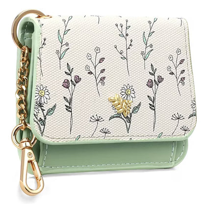 GAEKEAO Small Wallet for Women RFID Blocking Slim Keychian Wallet Floral Vegan Leather Card Holder with Zip Pocket ID Window