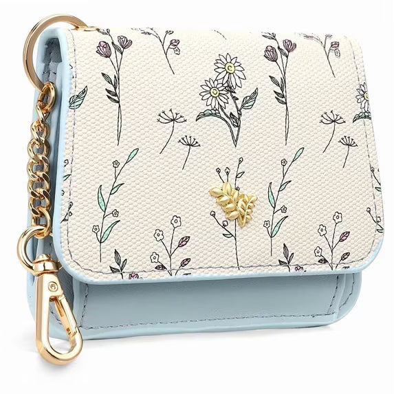 GAEKEAO Small Wallet for Women RFID Blocking Slim Keychian Wallet Floral Vegan Leather Card Holder with Zip Pocket ID Window