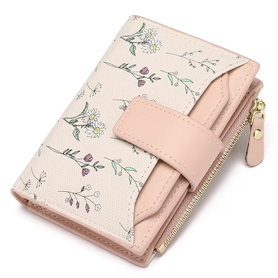 GAEKEAO Women's Bifold Wallet Rfid Blocking Vegan Leather Floral Card Holder with Zipper Pocket and ID Window