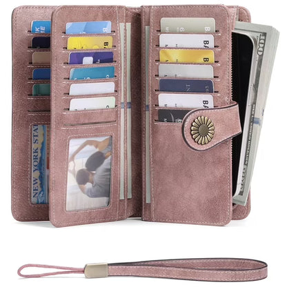 GAEKEAO Wallet for Women Clutch RFID Blocking Leather Wristlet Purse Large Capacity Credit Card Holder with Grip Hand Strap