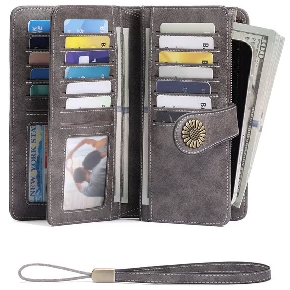 GAEKEAO Wallet for Women Clutch RFID Blocking Leather Wristlet Purse Large Capacity Credit Card Holder with Grip Hand Strap