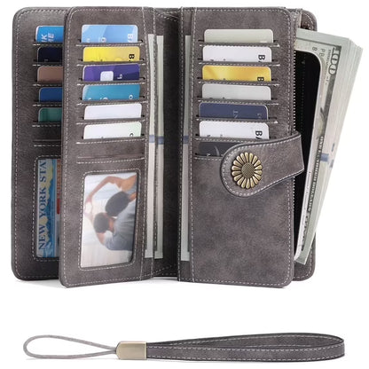 GAEKEAO Wallet for Women Clutch RFID Blocking Leather Wristlet Purse Large Capacity Credit Card Holder with Grip Hand Strap