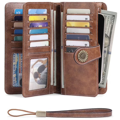GAEKEAO Wallet for Women Clutch RFID Blocking Leather Wristlet Purse Large Capacity Credit Card Holder with Grip Hand Strap