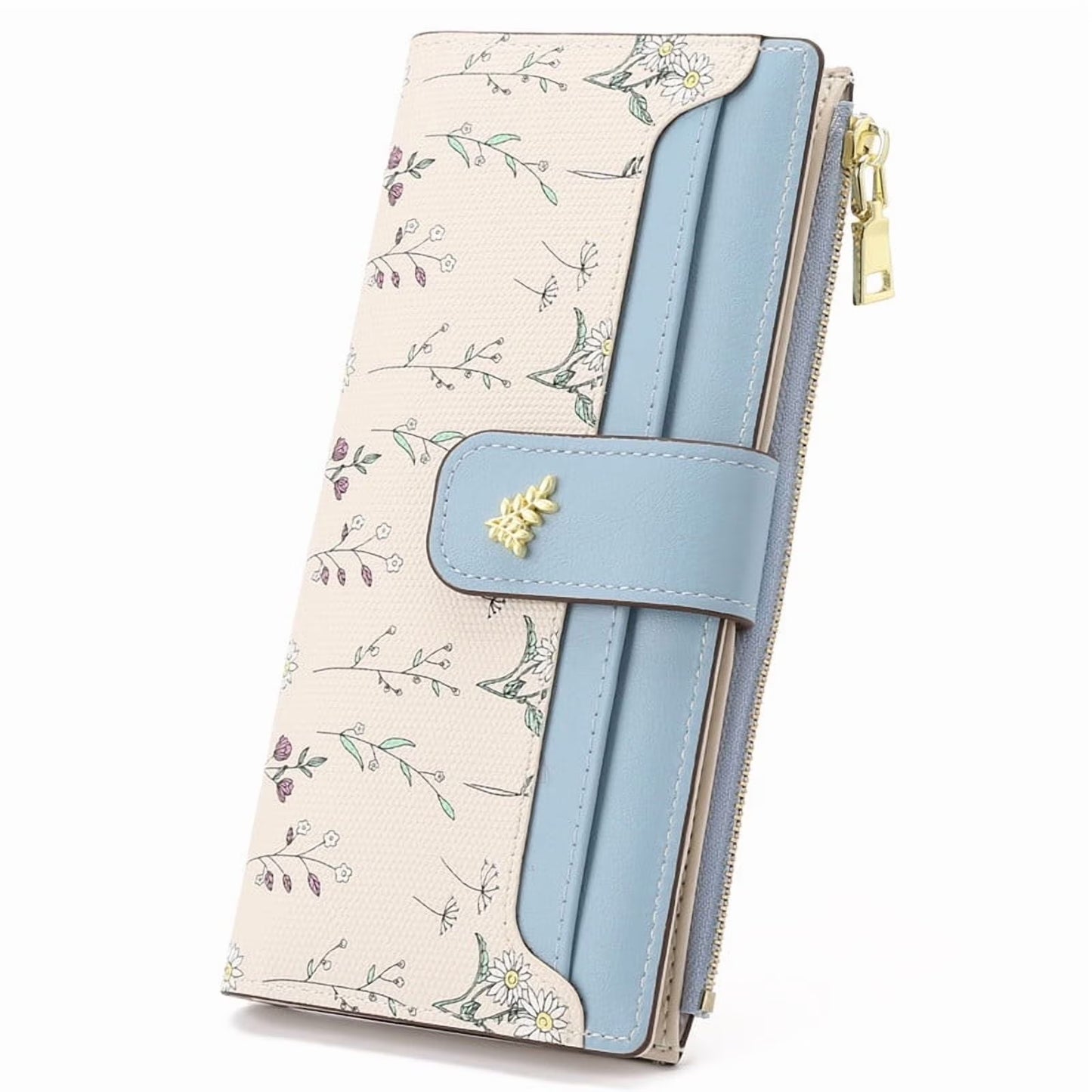 GAEKEAO Womens Wallet Slim Thin RFID Blocking Floral Vegan Leather Card Holder Bifold Long Ladies Wallet with Zipper Pocket