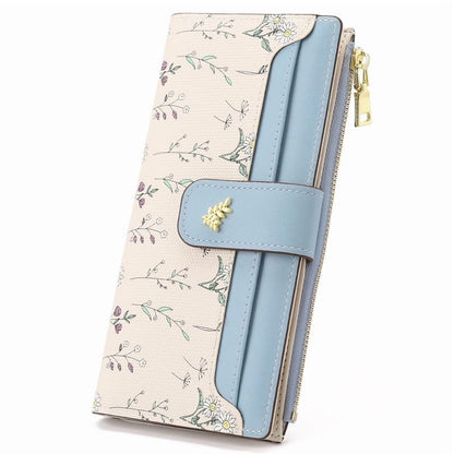 GAEKEAO Womens Wallet Slim Thin RFID Blocking Floral Vegan Leather Card Holder Bifold Long Ladies Wallet with Zipper Pocket
