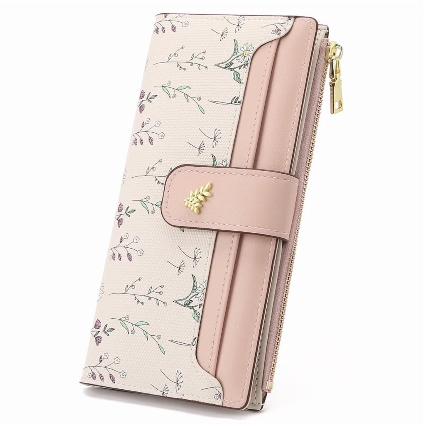 GAEKEAO Womens Wallet Slim Thin RFID Blocking Floral Vegan Leather Card Holder Bifold Long Ladies Wallet with Zipper Pocket