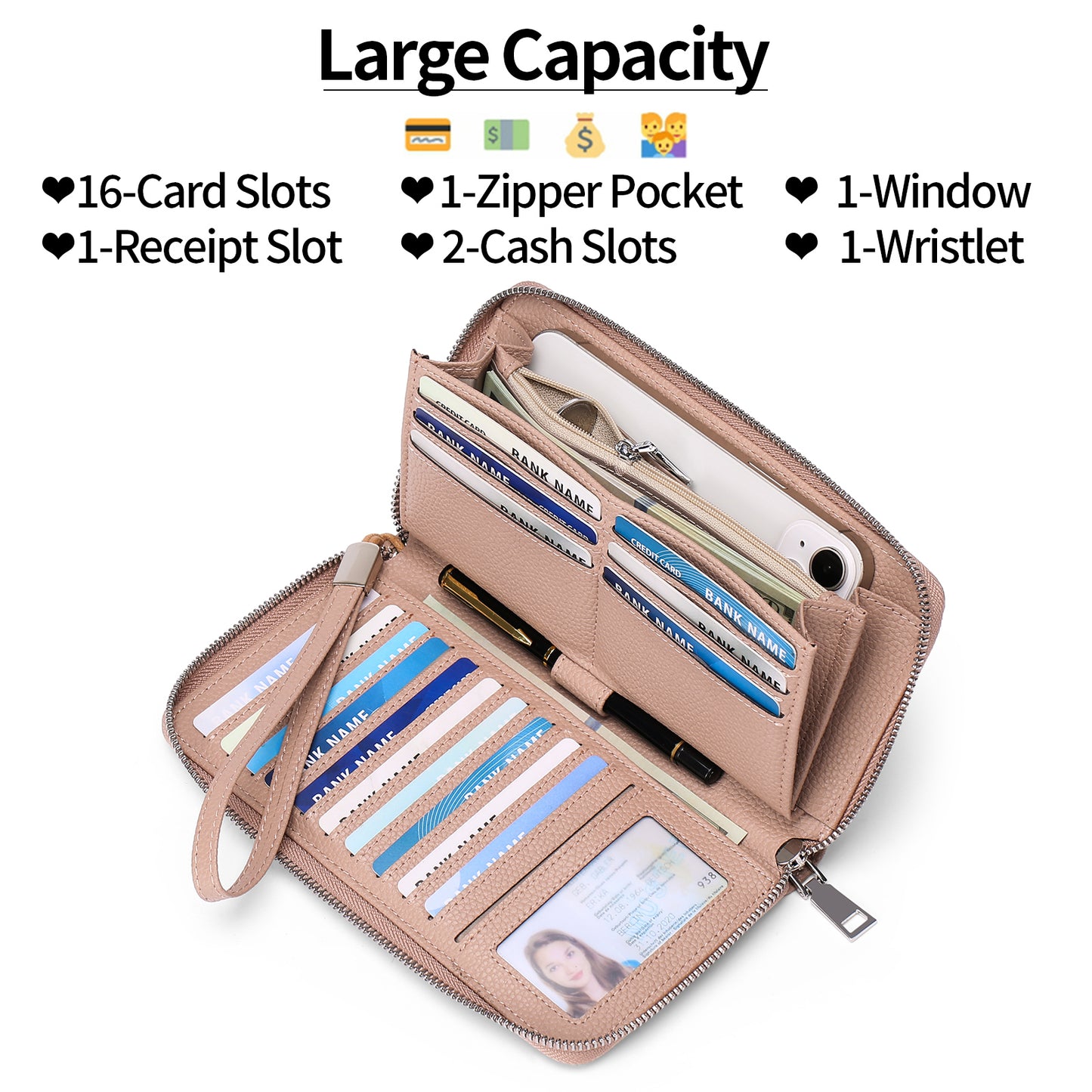 GAEKEAO Womens Wallet RFID Blocking Leather Zip Around Wallet Large Capacity Long Purse Credit Card Clutch Wristlet